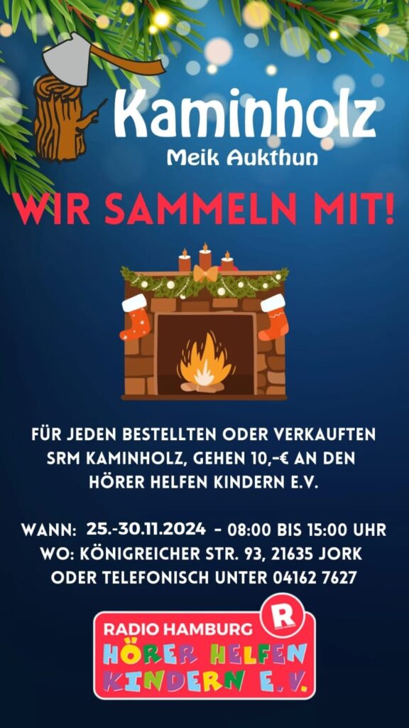 Festliches Poster mit Kamin und Holzscheiten. Text informiert über eine Spendenaktion.